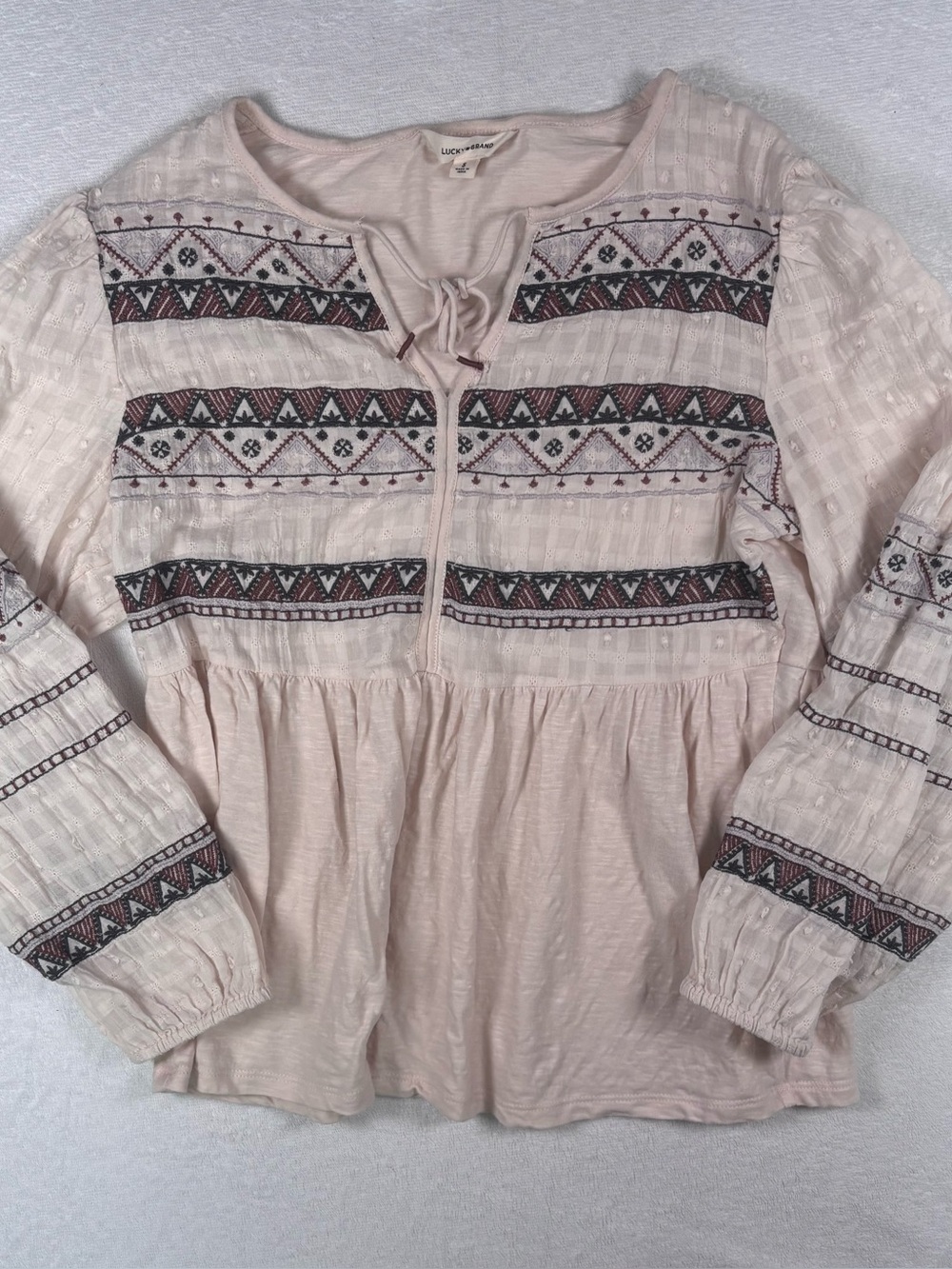 Lucky Brand Cream Embroidered Boho Long Sleeve Top 100% Cotton